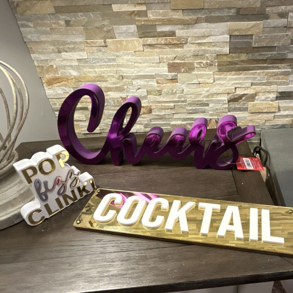 Ashland Party Signs “Cheers” & “Cocktails” in Mirror Purple, Gold & White Decor
